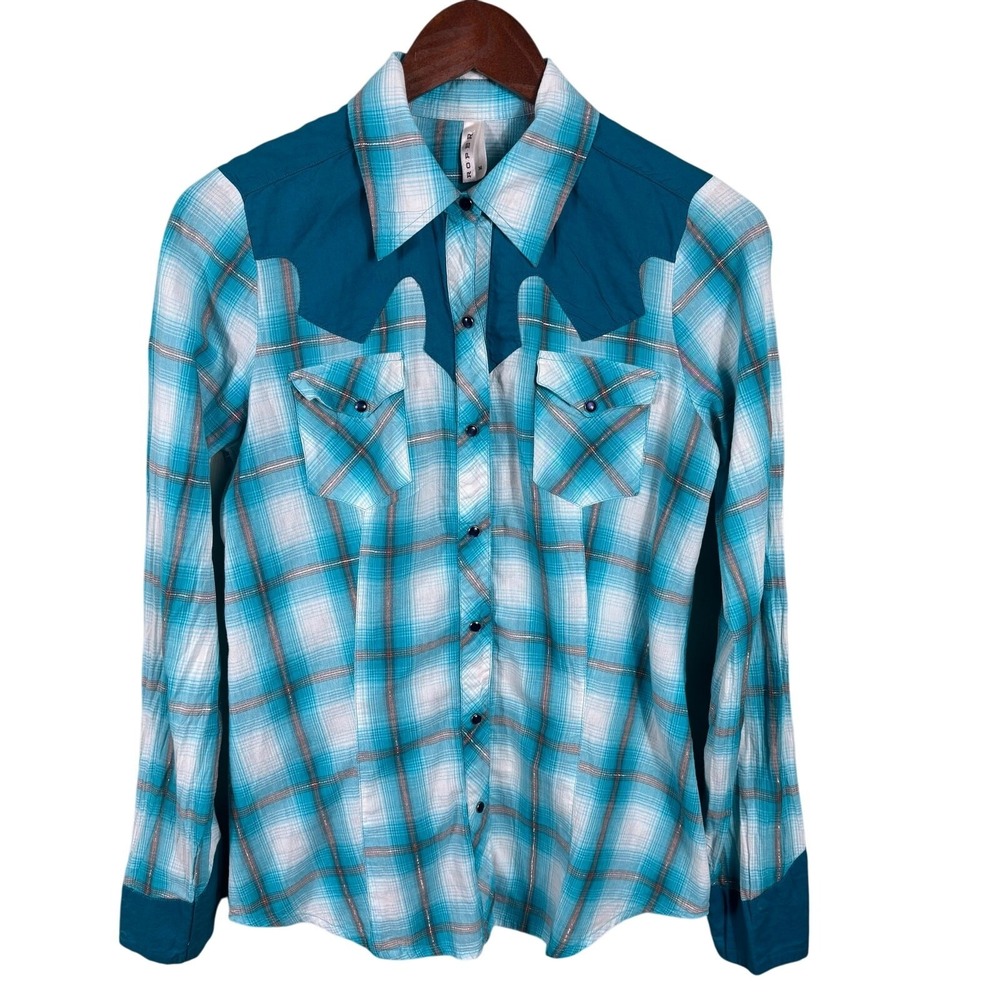 Roper Ombre Long Sleeve Shirt Women's Medium Blue Plaid Western Cowboy Button Up